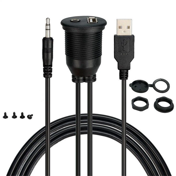Car Dash Board Mount 3.5mm USB 2.0 AUX Socket Panel Cable